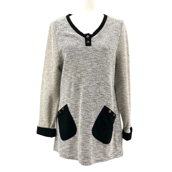 Neutral A-Line Henley Tunic Sweater w/Black Contrast Trim & Patch Pockets - Picture 2 of 9